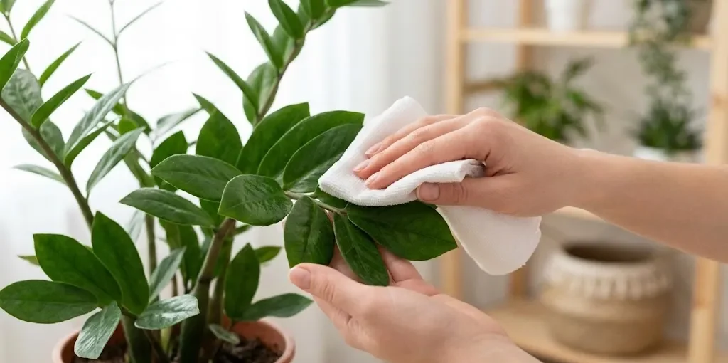 Close em uma mão feminina segurando suavemente uma folha de zamioculca, enquanto a outra mão usa um pano de microfibra branco úmido para limpar a superfície da folha.