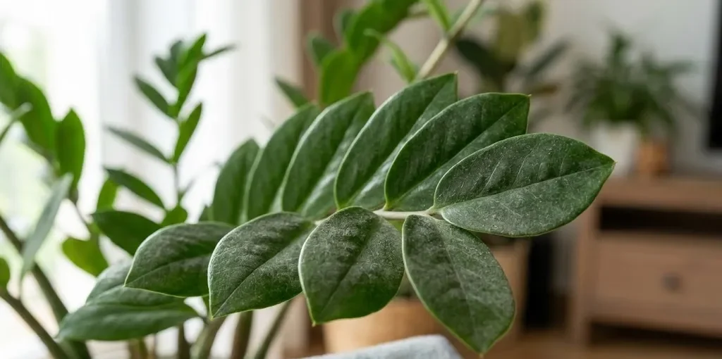 Close em folhas de zamioculca cobertas por uma fina camada de poeira cinzenta e opaca, demonstrando a necessidade de limpeza.