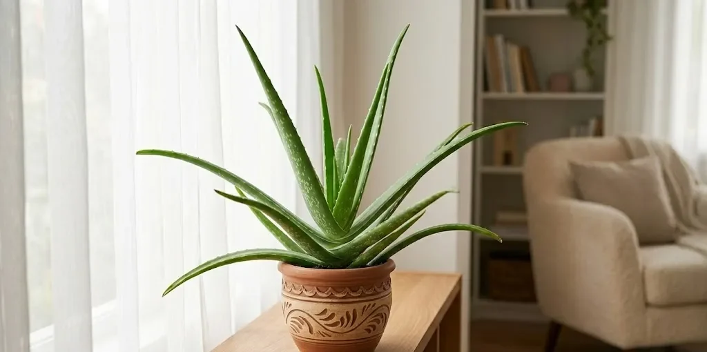 Uma planta Babosa saudável e robusta cultivada em um vaso de cerâmica dentro de casa, recebendo luz natural suave e indireta perto de uma janela com cortinas leves.