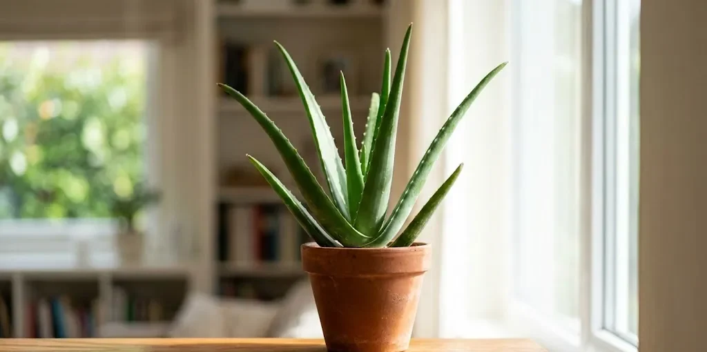 Uma planta de Babosa (Aloe vera) robusta e verde vibrante, cultivada em um vaso de cerâmica em uma sala de estar bem iluminada com luz solar indireta.