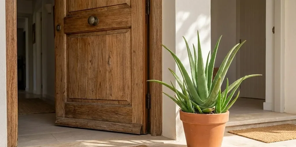 Um vaso de cerâmica com uma planta de babosa saudável posicionado no chão ao lado de uma porta de entrada de madeira rústica.