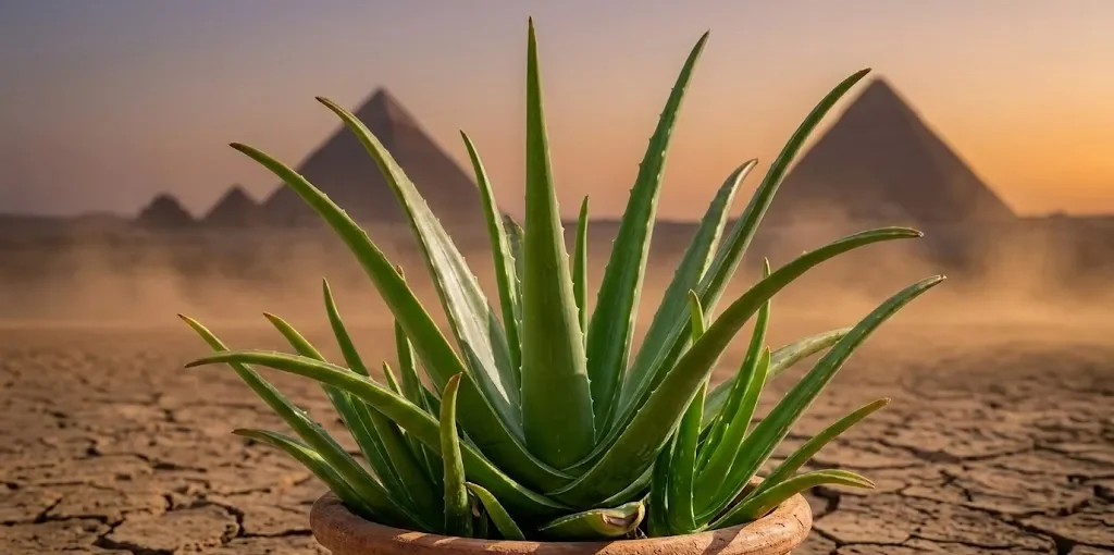 Uma planta de babosa crescendo em um vaso de cerâmica egípcio antigo, com pirâmides desfocadas ao fundo sob um céu dourado.