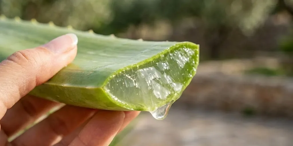 Close-up da seiva gelatinosa e transparente da babosa saindo de uma folha cortada, simbolizando restauração.