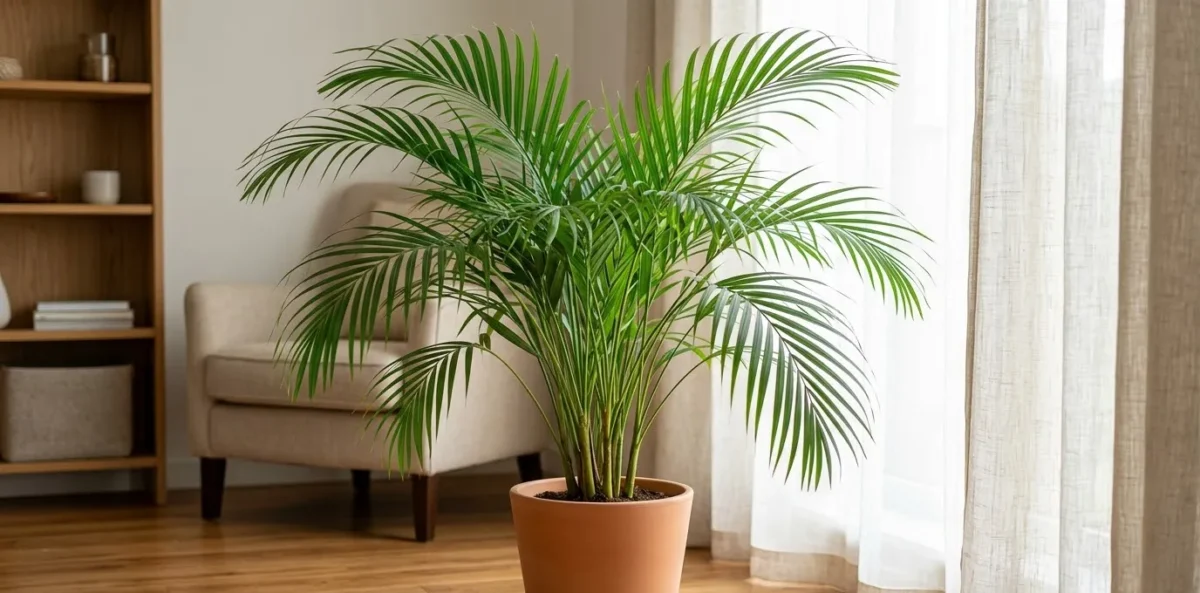 Uma Palmeira-Areca (Dypsis lutescens) vigorosa e verde-escura plantada em um vaso de cerâmica, posicionada em uma sala de estar decorada, recebendo luz natural filtrada através de uma cortina leve na janela ao fundo. Estilo realista.