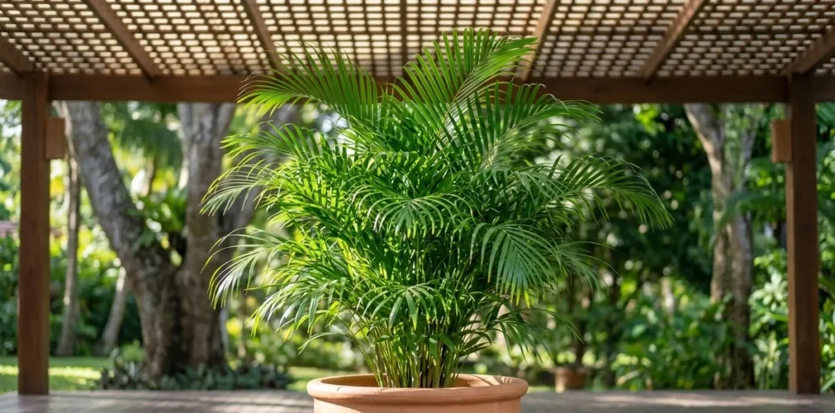 Uma bela palmeira Areca saudável com folhas verdes vibrantes em um vaso de cerâmica, recebendo luz solar indireta filtrada em uma varanda.