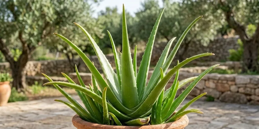 Close em uma planta de babosa (Aloe vera) saudável com folhas verdes e espessas, transmitindo vitalidade e calma.