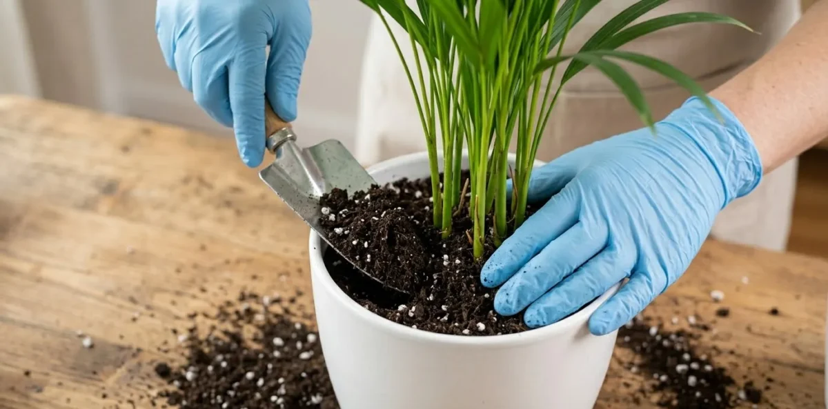 Close-up realista das mãos de um jardineiro plantando uma pequena Palmeira-Areca em um vaso de cerâmica branca, preenchendo o espaço com um substrato escuro, rico e bem drenável, misturado com perlita.