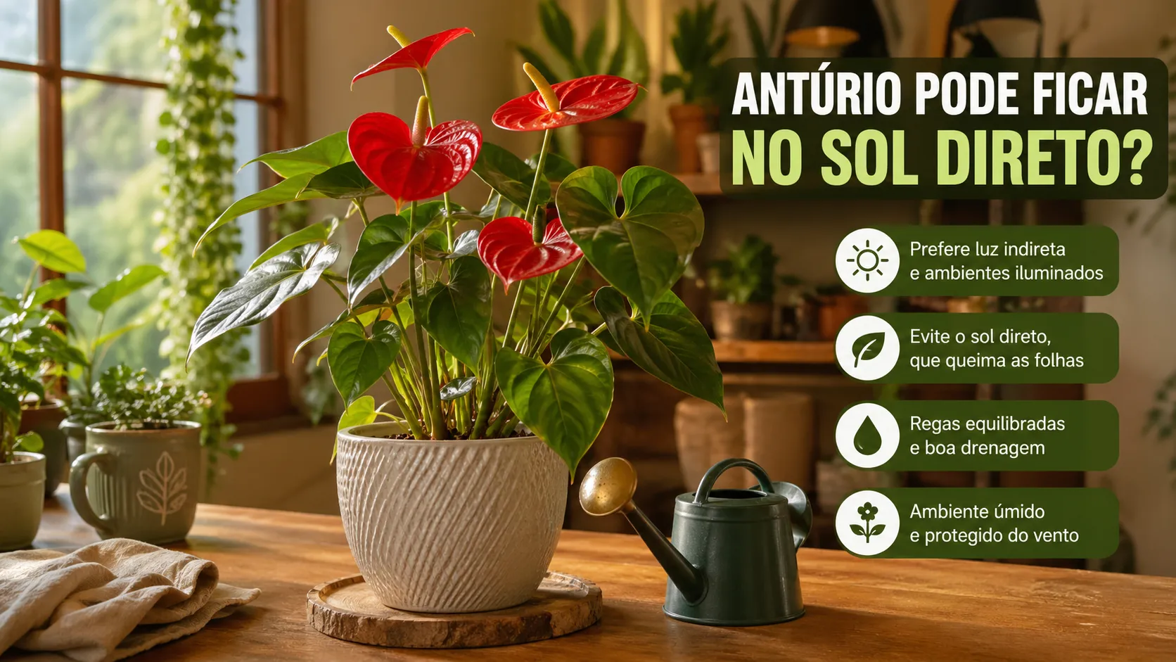 Antúrio pode ficar no sol direto? Um vaso de Antúrio com flores vermelhas vibrantes sobre uma mesa de madeira. Ao lado direito, quatro ícones informativos explicam que a planta prefere luz indireta, deve evitar sol direto para não queimar as folhas, precisa de regas equilibradas e ambiente úmido.