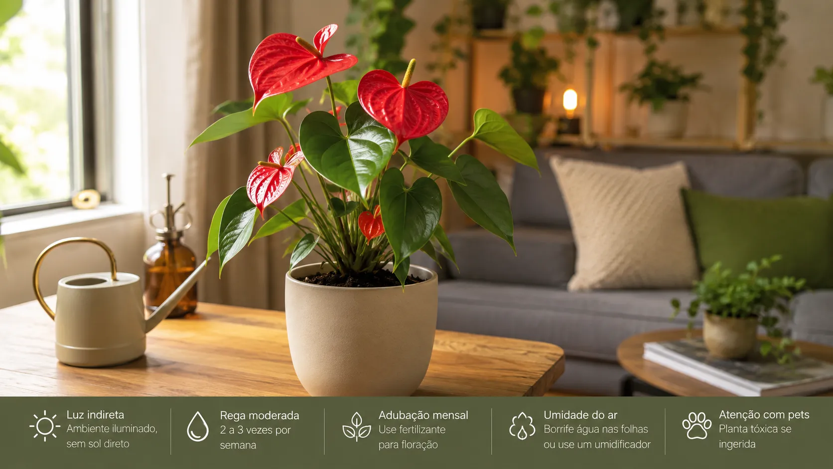 Antúrio é uma boa planta para apartamento? Em sala iluminada com decoração moderna e aconchegante